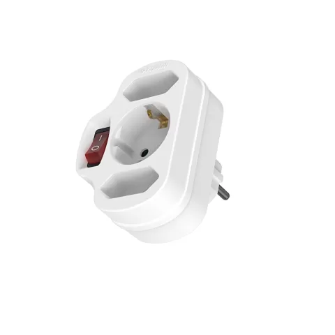 Adaptor alb perete cu 1 priza Schuko si 2 prize UE cu intrerupator