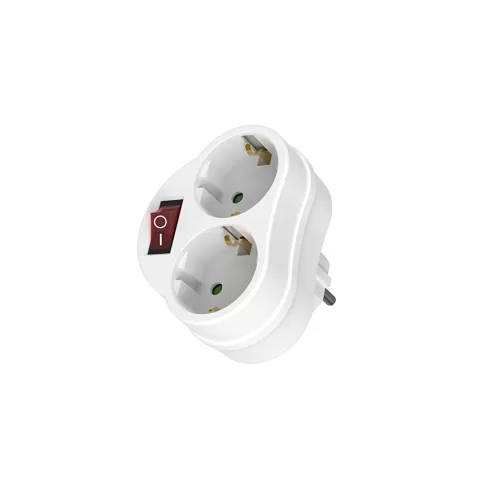 Adaptor alb perete cu 2 prize Schuko cu intrerupator