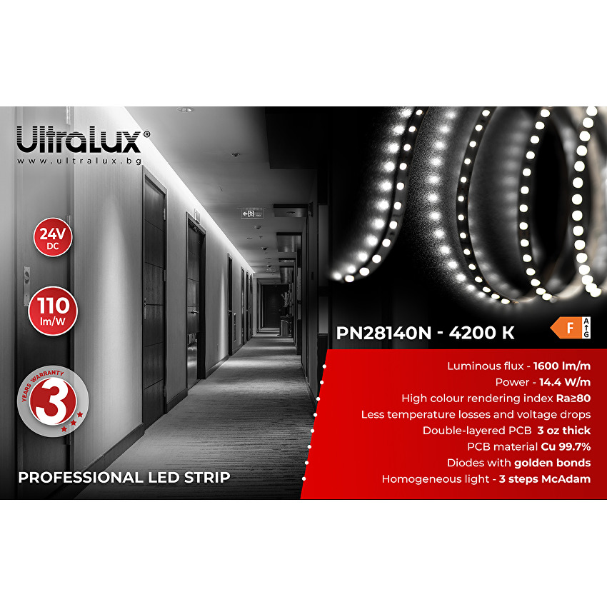 Banda LED profesionala neutra 5m IP20 24V DC 140LED/m 14.4W/m