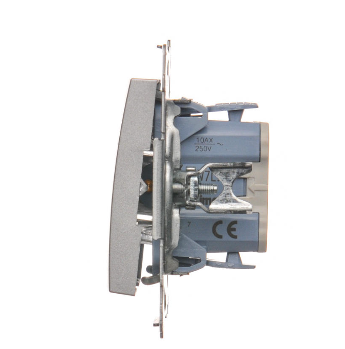 Intrerupator cruce cu led  10A, 250V~, conectare rapida (fitinguri push-in), argintiu mat metalic Standard German, Seria Simon 54, Intrerupatoare