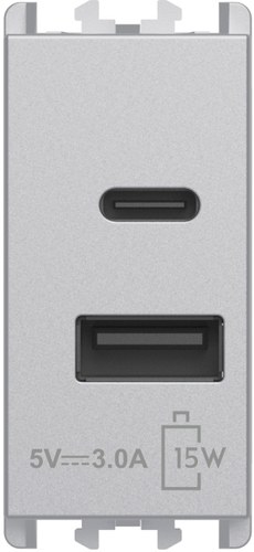 Încărcător USB 5V, alimentare 230 Vac, ieșiri tip A și C, 3.0A, 1 modul, Lybra, aluminiu Urmet 27331.AL