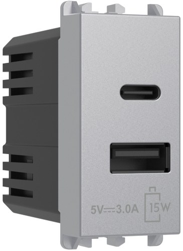 Încărcător USB 5V, alimentare 230 Vac, ieșiri tip A și C, 3.0A, 1 modul, Lybra, aluminiu Urmet 27331.AL Modular, Seria LYBRA, Prize