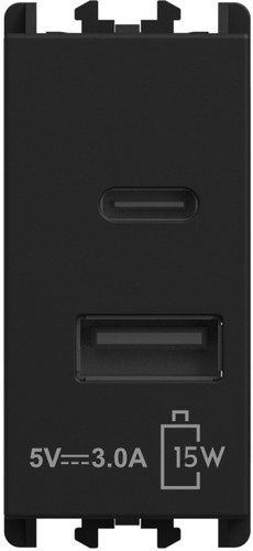 Încărcător USB 5V, alimentare 230 Vac, ieșiri tip A și C, 3.0A, 1 modul, Lybra, negru Urmet 27331.N