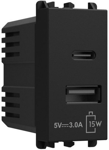 Încărcător USB 5V, alimentare 230 Vac, ieșiri tip A și C, 3.0A, 1 modul, Lybra, negru Urmet 27331.N Modular, Seria LYBRA, Prize