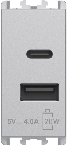 Încărcător USB PD, alimentare 230 Vac, ieșiri tip A și C, 3.0A, 1 modul, Lybra, aluminiu Urmet 27332.AL