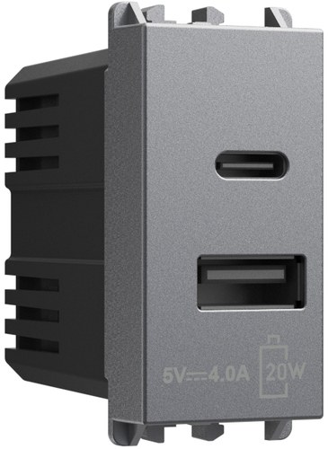 Încărcător USB PD, alimentare 230 Vac, ieșiri tip A și C, 3.0A, 1 modul, Lybra, titan Urmet 27332.TT Modular, Seria LYBRA, Prize