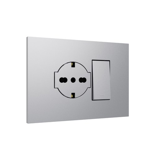 Kit monobloc suport + ramă Lybra cu priză P40 Clean și buton 1P 10A integrate, 3 module, aluminiu Urmet 27853.AL Modular, Seria LYBRA, Kituri monobloc