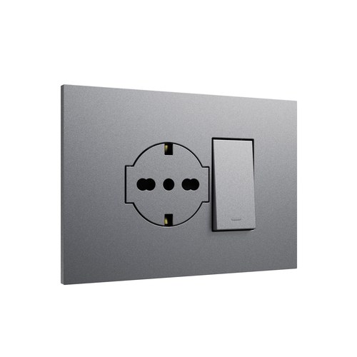 Kit monobloc suport + ramă Lybra cu priză P40 Clean și buton 1P 10A integrate, 3 module, titan Urmet 27853.TT Modular, Seria LYBRA, Kituri monobloc