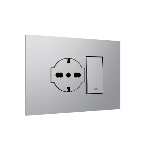 Kit monobloc suport + ramă Lybra cu priză P40 Clean și comutator cap scară 1P 10AX integrate, 3 module, aluminiu Urmet 27852.AL Modular, Seria LYBRA, Kituri monobloc
