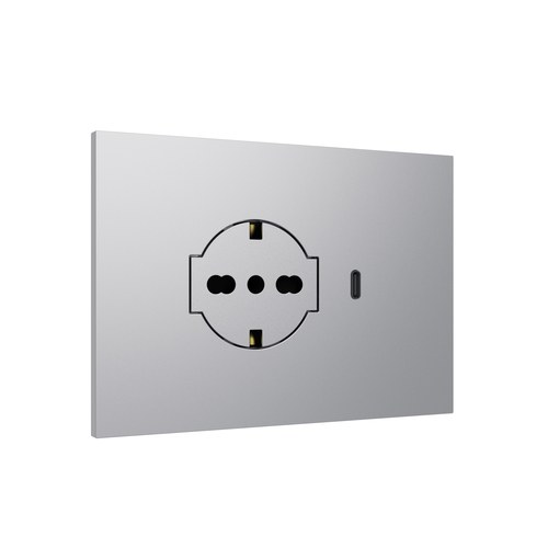 Kit monobloc suport + ramă Lybra cu priză P40 Clean și încărcător USB 3.0A tip C integrate, 3 module, aluminiu Urmet 27850.AL Modular, Seria LYBRA, Kituri monobloc