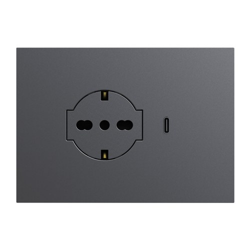 Kit monobloc suport + ramă Lybra cu priză P40 Clean și încărcător USB 3.0A tip C integrate, 3 module, titan Urmet 27850.TT