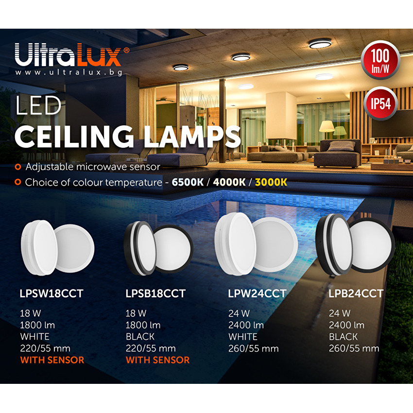 Lampa LED CCT cu senzor, neagra, IP54, 220-240V AC, 120, 18W