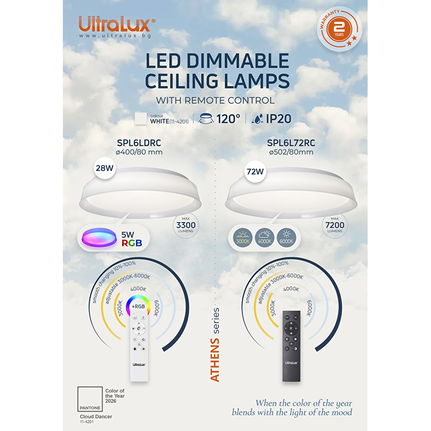 Lampa de tavan LED CCT cu intensitate reglabila si telecomanda, alba, 28W+5W, 3000K-6000K+RGB Atena
