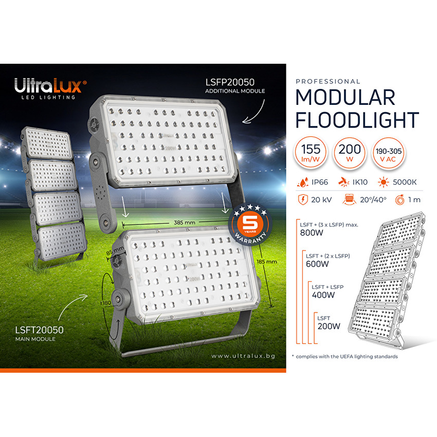 Proiector LED modular 200W, 5000K, 190-305V AC, IP66, difuzor 20