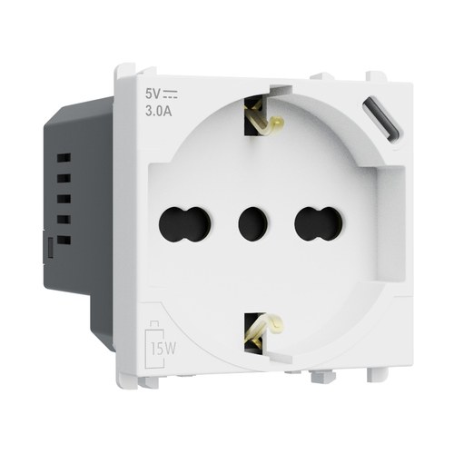 Priză italiană P40 2P+T 16A 250 Vac cu încărcător USB tip C 3.0A, 2 module, Lybra, alb Urmet 27312/2.B Modular, Seria LYBRA, Prize