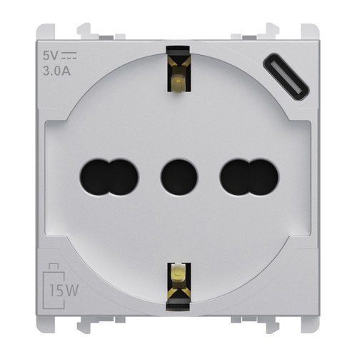 Priză italiană P40 2P+T 16A 250 Vac cu încărcător USB tip C 3.0A, 2 module, Lybra, aluminiu Urmet 27312/2.AL