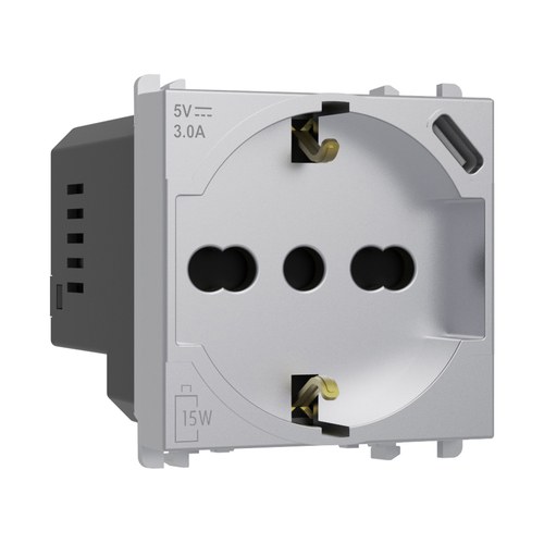 Priză italiană P40 2P+T 16A 250 Vac cu încărcător USB tip C 3.0A, 2 module, Lybra, aluminiu Urmet 27312/2.AL Modular, Seria LYBRA, Prize