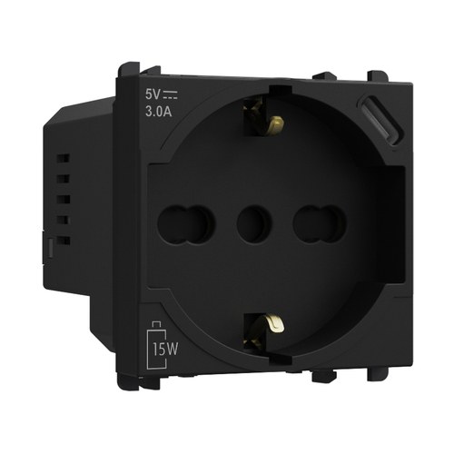 Priză italiană P40 2P+T 16A 250 Vac cu încărcător USB tip C 3.0A, 2 module, Lybra, negru Urmet 27312/2.N Modular, Seria LYBRA, Prize