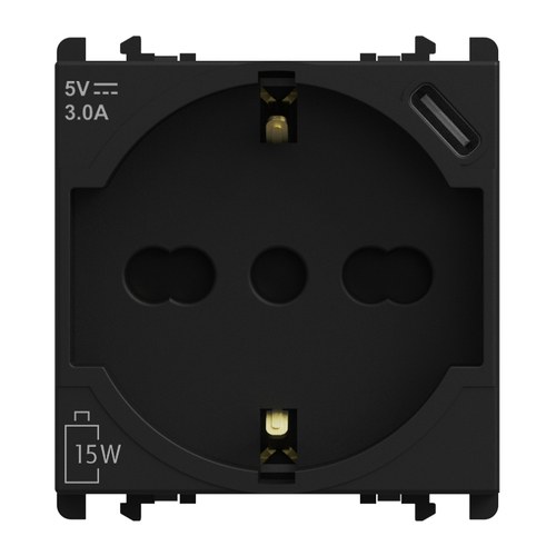 Priză italiană P40 2P+T 16A 250 Vac cu încărcător USB tip C 3.0A, 2 module, Lybra, negru Urmet 27312/2.N