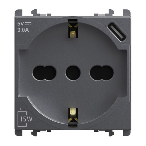 Priză italiană P40 2P+T 16A 250 Vac cu încărcător USB tip C 3.0A, 2 module, Lybra, titan Urmet 27312/2.TT