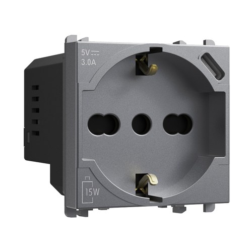 Priză italiană P40 2P+T 16A 250 Vac cu încărcător USB tip C 3.0A, 2 module, Lybra, titan Urmet 27312/2.TT Modular, Seria LYBRA, Prize