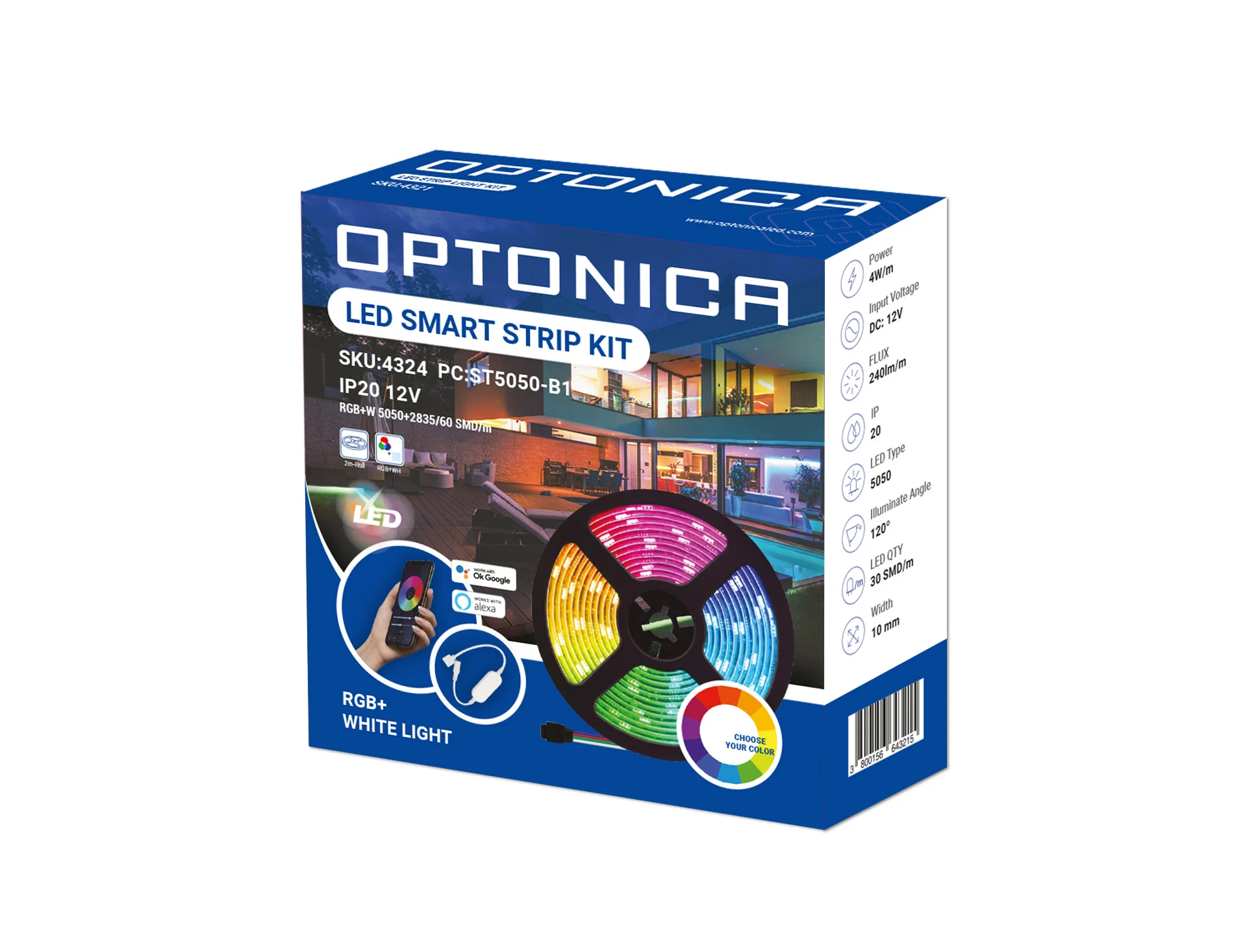 Kit Bandă LED Smart RGBW 2m 60LED/m WiFi Alexa Google 12V Optonica