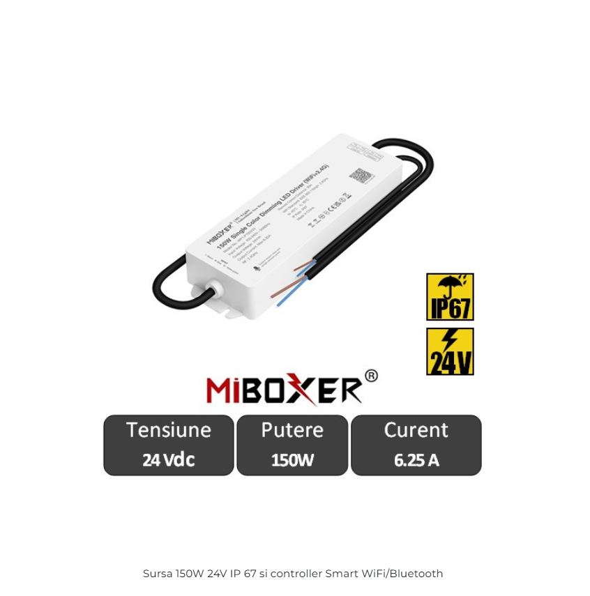 Sursa 150W 24V IP67 ?i Controler Smart Monocolor MiBoxer WIFI/BLUETOOTH/RF